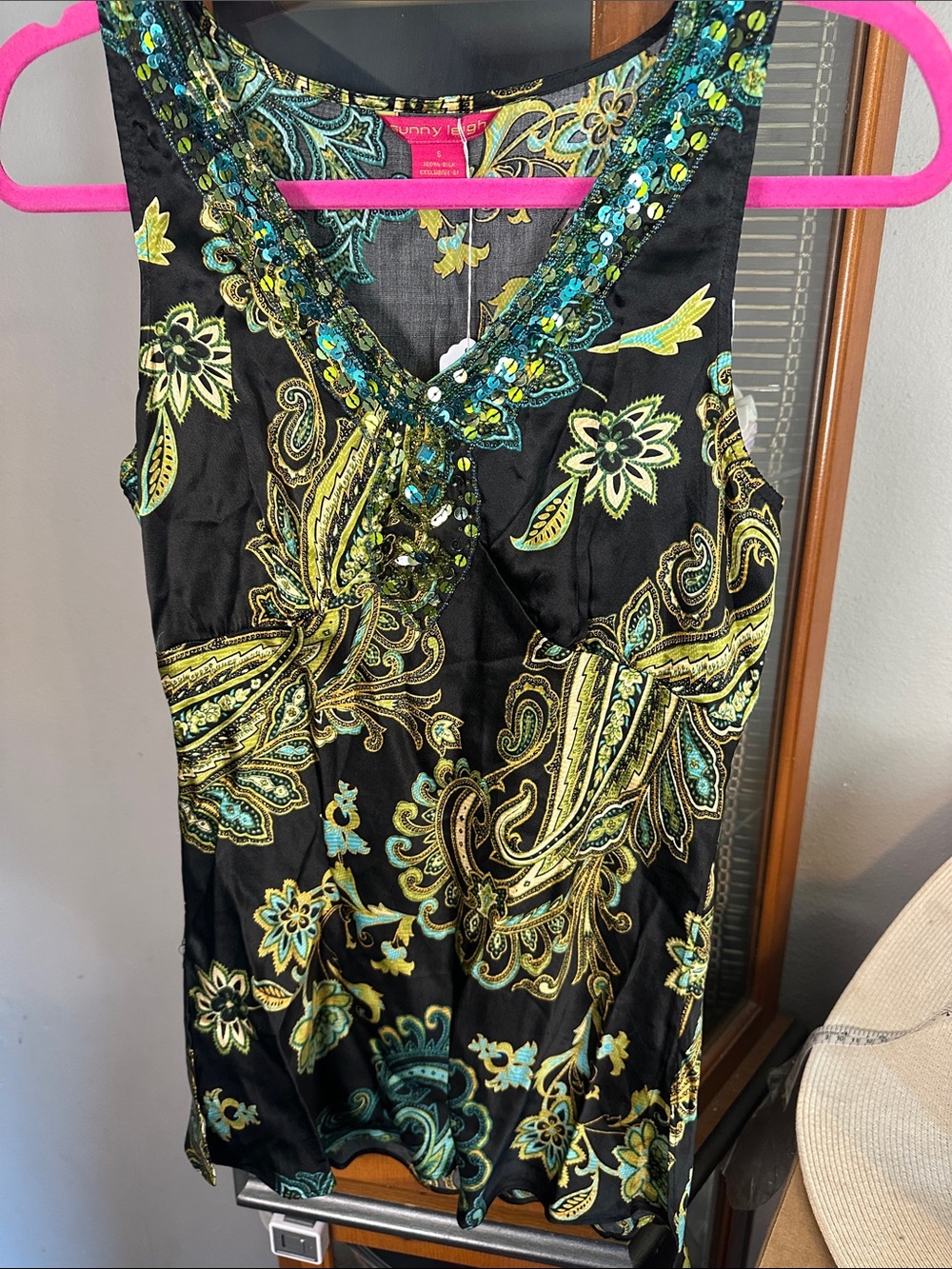 Sunny Leigh Black Paisley Sequin-Trim Sleeveless Top